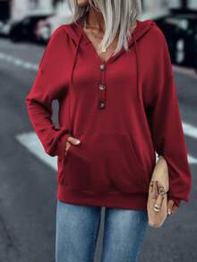SHEIN LUNE Sudadera Roja Con Capucha Y Cordón De Ajuste Regular Para Mujer - Burdeos - Ver 4