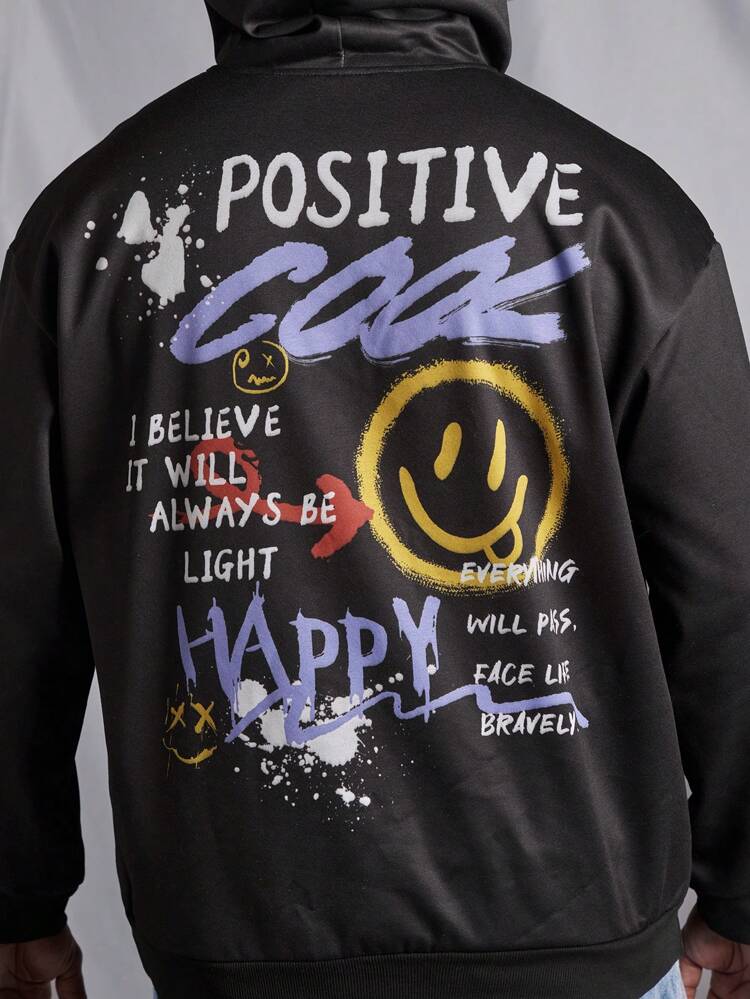 Men's Plus Size Hooded Sweatshirt With Kangaroo Pocket And Letter Print