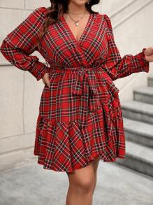 Calvaya Women's Plus Size Plaid Ruffle Hem Belted Dress For New Year Clothes