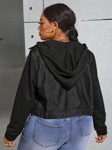 SHEIN Essnce 大尺碼帶束口帽單排釦保暖牛仔外套 - 黑色 - 查看 2