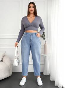 EURMUSE Plus Size  Mom Style Denim Jeans, Washed - Light Grey - View 3