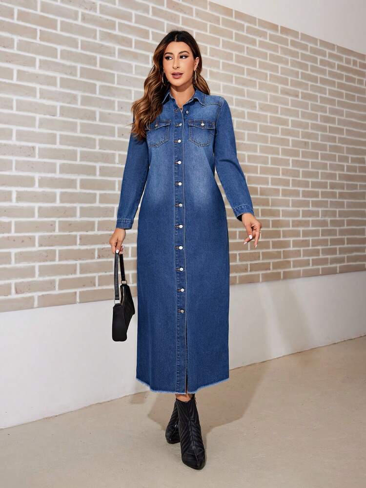 SHEIN Privé Ladies' Blue Denim Single Breasted Button Front Dress - Medium Wash - View 5