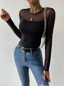 SHEIN Privé Women's Mesh Contrast Long Sleeve Top - Black - View 6