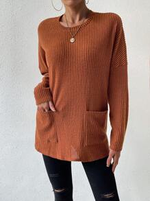 SHEIN Essnce 女式寬鬆落肩羅紋 T 卹 - 咖啡棕 - 查看 3