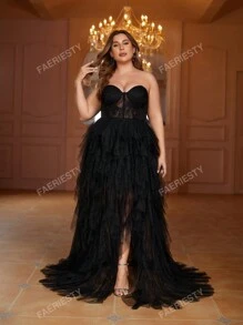 Faeriesty Faeriesty Plus Contrast Lace Split Thigh Mesh Tube Formal Dress