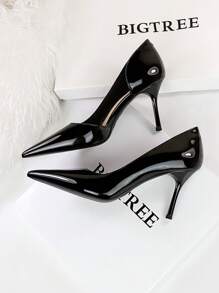 歐美風時尚簡約細高跟漆皮尖頭鏤空高跟鞋 - 黑色 - 查看 3