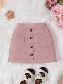 SHEIN Cô Gái Trẻ Màu thuần Love Thêu trái tim Chi tiết Nút Váy - Hồng - Xem 1