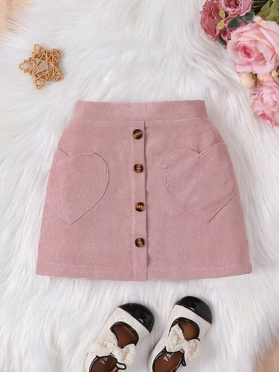 SHEIN Cô Gái Trẻ Màu thuần Love Thêu trái tim Chi tiết Nút Váy - Hồng - Xem 1