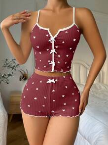 Miss Vinta Heart Patterned Cami Pajama Set - Burgundy - View 3