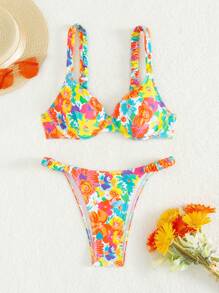 Swim Mod Summer Beach Random Floral Print Underwire Bikini Set Carnival - Multicolor - View 4