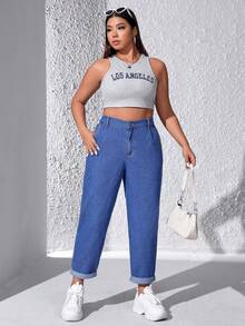 SHEIN EZwear Kích thước lớn Cao eo Quần denim Với Đường chéo Túi - Rửa tối - Xem 3