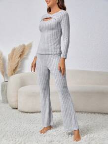 SHEIN Unity Của phụ nữ Mùa Thu /đông Thời gian rảnh rỗi Sọc Hai chiếc Bộ - Xám - Xem 6