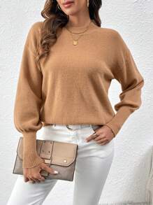 SHEIN LUNE Women's Drop Shoulder Solid Color Knit Pullover Fall Winter Sweater - Khaki - View 3