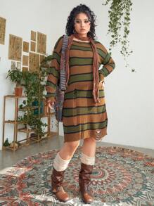 ROMWE PUNK Plus Size Striped Sweater Dress With Drop Shoulder And Distressed Detail - Multicolor - View 1
