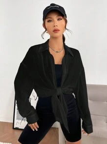 SHEIN EZwear 女款純色系扣落肩襯衫 - 黑色 - 查看 5