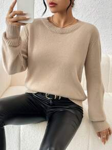 SHEIN Frenchy Ladies' Solid Color Round Neck Sweater - Camel - View 1