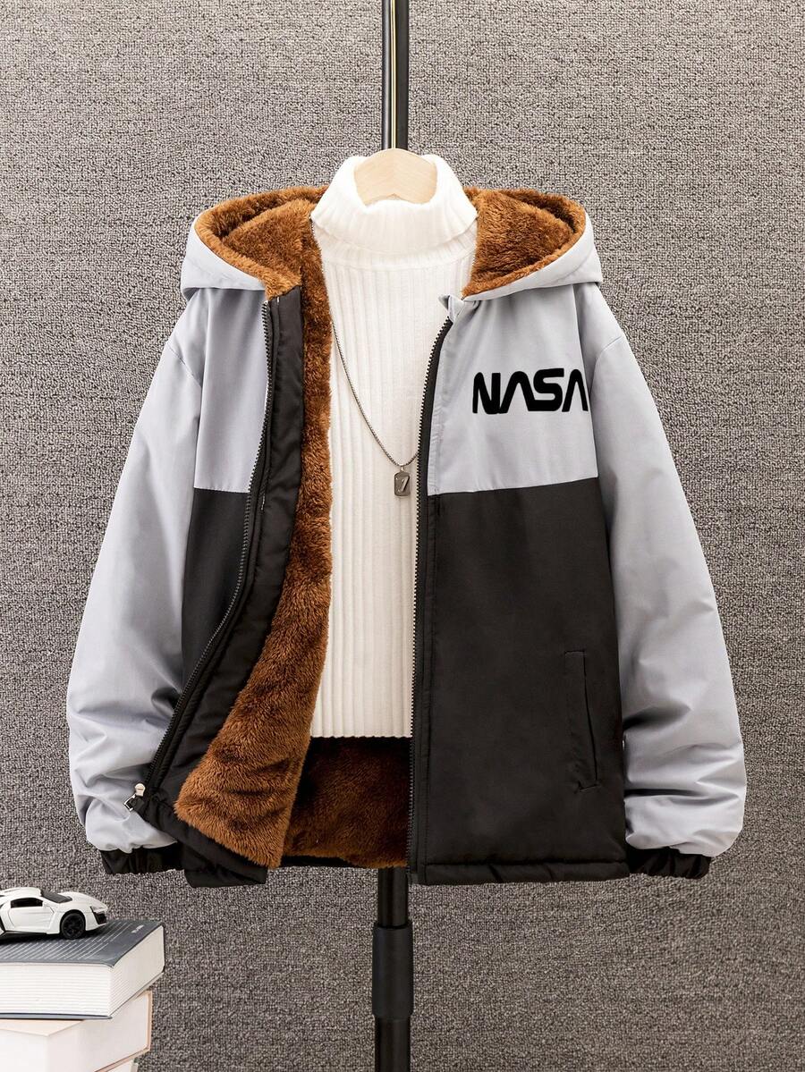 Teen Boys' Color Block Hooded Fleece Jacket With Letter Print - Multicolor - View 1