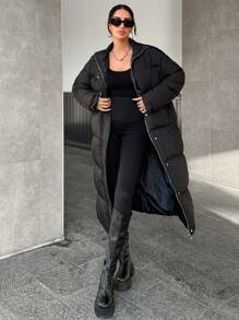 EURMUSE Drop Shoulder Belted Padded Jacket - Black - View 6