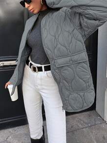 EURMUSE Drop Shoulder Zipper Quilted Coat - Grey - View 3