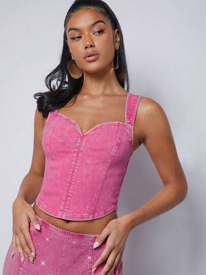 Denimoi Fashion Bleashed Sweetheart Neck Crop Denim Top