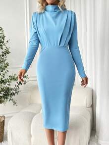 SHEIN Privé Đầm ôm sát cổ đứng màu trơn dành cho nữ - Màu xanh lam - Xem 6