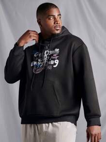 Manfinity LEGND Men's Plus Size Letter Printed Hooded Leisure Sweatshirt With Drawstring - Black - View 4