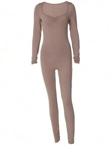 純色長袖連身褲 - 乾枯玫瑰色 - 查看 3