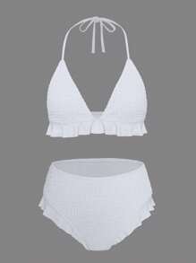 SHEIN Swim Summer Women'S Halter Neck Ruffle Hem Bikini Set - White - View 6