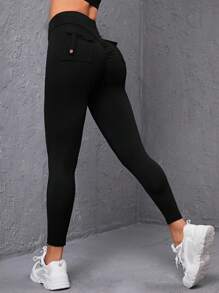 Easithlete 色澤純一高腰口袋緊身褲 - 黑色 - 查看 1