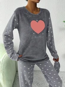 SHEIN Cottnline Heart & Letter Embroidery Flannel PJ Set - Light Grey - View 3
