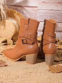 Styleloop 鉚釘時尚靴子 - 駝色 - 查看 3