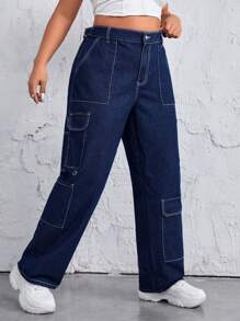 SHEIN ICON 女士深藍色高腰寬鬆牛仔褲,配有大口袋 - 藍色 - 查看 1