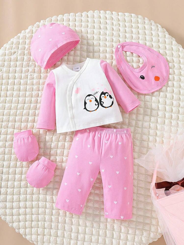 6pcs Newborn Baby Boys' And Girls' Cute Printed Penguin Long Sleeve Top And Pants Set, For Daily Wear In Autumn And Winter
