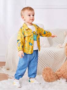 SHEIN 男嬰休閒可愛恐龍圖案立領夾克短袖 T 恤和牛仔褲套裝,夏季 - 彩色 - 查看 8