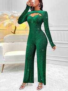 AIJ Bộ đồ liền thân dài tay nhung trơn màu gợi cảm 2 trong 1 cho nữ mùa thu đông 2024 dành cho tiệc Giáng sinh, tiệc Gala, tiệc cocktail - màu xanh lá - Xem 5