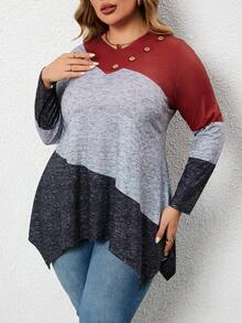 Camiseta de manga larga con bloque de color y bajo asimétrico para mujer talla grande - Multicolor - Ver 3