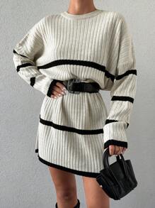 EURMUSE Loses, Geripptes Pulloverkleid Für Damen Mit Drop Shoulder - Schwarz und Weiss - Übersicht 4