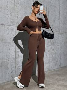 Flirla Women's Zipper Front Cardigan And Drawstring Waist Flare Leg Knit Pants 2 Piece Set - Coffee Brown - View 3