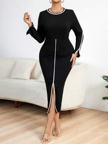 Celure 大尺碼拼接邊緣開叉下擺洋裝 - 黑色 - 查看 1