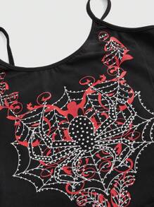 ROMWE Grunge Punk Spider Printed & Rhinestone Embellished Sexy & Casual Knitted Sleeveless Tank Top - Black - View 4