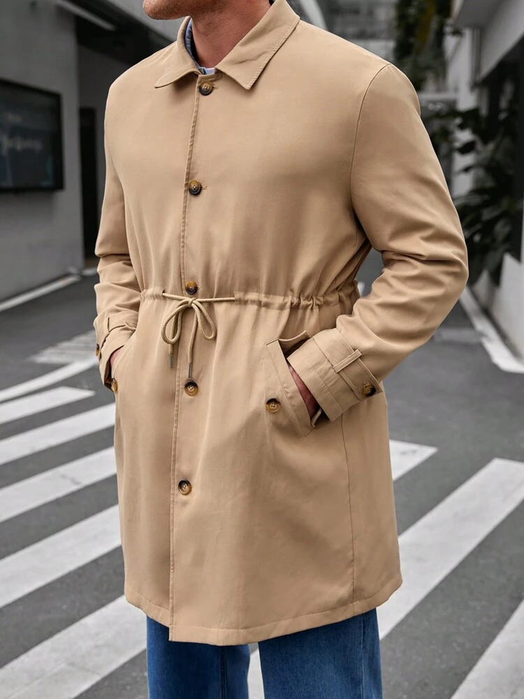 Men's Plus Size Single Breasted Drawstring Waist Trench Coat, For Fall Winter