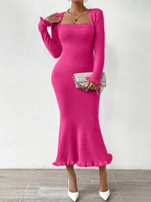 SHEIN Privé 優雅的魚尾搭扣長袖方領毛衣裙 - 玫紅色 - 查看 1