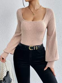 SHEIN Privé Cổ vuông Tay áo lồng đèn Áo len - Hồng - Xem 5