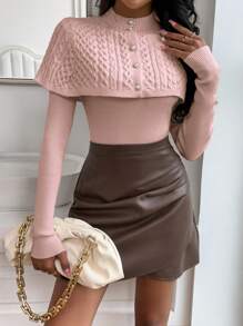 SHEIN Privé Women's 2 In 1 Buttoned Poncho And Sweater - Pink - View 4