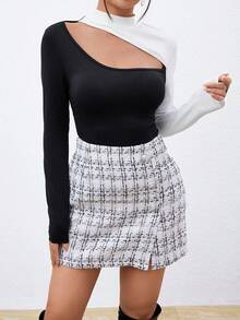 SHEIN Privé Black And White Color Block Long Sleeve Women's T-Shirt - Black and White - View 3
