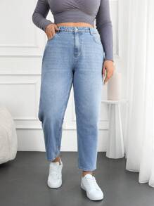 EURMUSE Plus Size  Mom Style Denim Jeans, Washed - Light Grey - View 4