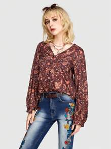 ROMWE Hippie 女用佩斯利圖案印花長袖襯衫 - 白色 - 查看 1