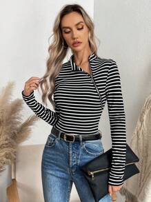 SHEIN LUNE 女士條紋拉鍊短袖t恤 - 黑與白 - 查看 3