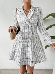 Chiquease Của phụ nữ Kẻ sọc Tay áo dài Đôi ngực Đầm - Đen và trắng - Xem 1