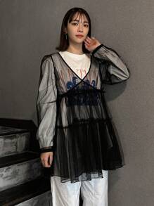 FRIFUL 女用荷葉邊下擺網眼上衣 - 黑色 - 查看 1